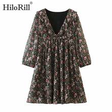 HiloRill Casual Lady Floral Dresses Long Sleeve Loose Pleated Dress Ruffles Beach Print Mini Chiffon Dress 2021 Vestidos 2024 - buy cheap