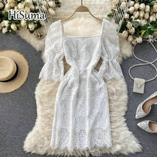 2021 summer new women square collar puff sleeve lace sheath dress female Chic pure white elegant waist dresses 2024 - buy cheap