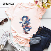 JFUNCY-Tops de talla grande para mujer, camiseta informal de algodón con estampado de dragón para mujer, camiseta de manga corta de gran tamaño para mujer 2024 - compra barato