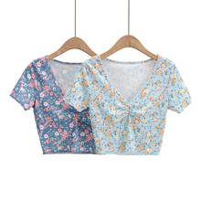 Camisetas cortas con estampado FLoral para mujer, de punto con cuello de pico ropa Sexy, Manga corta plisada, ajustada, elástica 2024 - compra barato