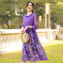 Vestido feminino de seda natural, elegante verão, tamanhos grandes, 4xl, casual, floral, 100% 2024 - compre barato