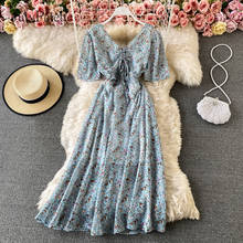 JulyPalette Elegant Boho Floral Long Dress Vintage Print Fold Holiday Beach Party Dress Casual Summer High Waist Chiffon Dress 2024 - buy cheap