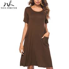 Nice-forever Summer Pure Color with Pocket Dresses Casual Straight Loose Shift Women Dress T027 2024 - buy cheap