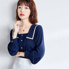 Blusa de chiffon de manga longa feminina, camiseta azul solta coreana 2021 para mulheres na moda de primavera, tamanho grande 1079 2024 - compre barato