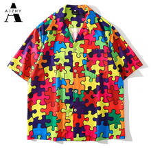 Colorful Puzzle Print Short Sleeve Shirt Mens Summer Beach Hawaiian Shirt for Men Japanese Streetwear Hip Hop Button Up Shirt 2024 - buy cheap