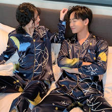 Conjunto de pijamas de casal feminino e masculino, pijamas de seda plus size com manga longa e calças para amantes, pijamas femininos e masculinos de seda elástica solta 2024 - compre barato