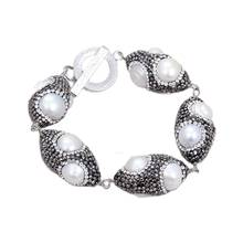 GG Jewelry Natural Freshwater Cultured White Pearl Black Rhinestone Pave Olive shape Bracelet 8.5" Handmade For Women 2024 - buy cheap