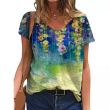 Женская футболка с коротким рукавом, V-образным вырезом и цветочным принтом 2024 - купить недорого
