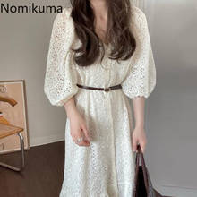 Nomikuma-vestido elegante coreano para mujer, ropa elegante con cuello de pico, manga abombada, con gancho de encaje, corte de flores, con cinturón 2024 - compra barato