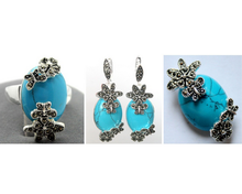Conjunto de pendientes y colgante de plata de ley 925, anillo de marcasita azul turquesa Vintage (#6-9) 2024 - compra barato