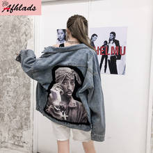 Hip-Hop Streetwear Character Applique Loose Denim Jacket Graffiti Single-Breasted Spring And Autumn Turn-Down Collar Jacket 2024 - buy cheap