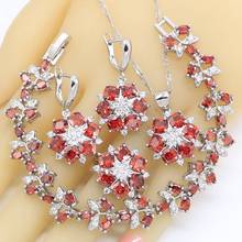 Encantador conjunto de joias de prata 925 rosto vermelho, para mulheres, pulseira de casamento, brincos, colar, pingente, presente de aniversário 2024 - compre barato