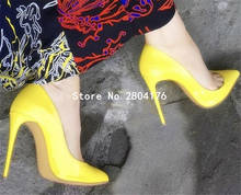 Estilo de marca superior apontado toe couro de patente salto stiletto bombas deslizamento-on amarelo cinza rosa 12cm saltos altos sapatos de vestido formal 2024 - compre barato