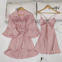 Silk Robes set For Women Sexy Pajamas Satin Sleepwear Backless Lace Nightgown Pink 2 Pieces Set Silk Nightdress Sexy sleep tops 2024 - buy cheap