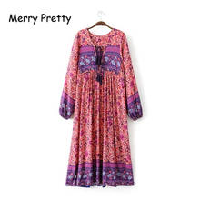 Merry Pretty pink boho dress rayon floral print long dess V-neck tassel women dresses 2020 autumn bohemia femme beach dresses 2024 - buy cheap