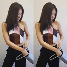 kpop Seo Yea Ji IU Lee Ji Eun Nightclub plaid Sleeveless sling vest Cropped Top women summer sexy hanging neck PU leather tops 2024 - buy cheap