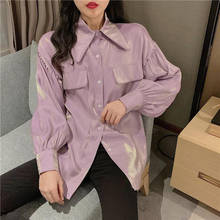 Bella philosophy 2020 spring Women solid Pockets Loose Shirt lady turn down collar Tops female lantern sleeve Shiny Blouses 2024 - buy cheap