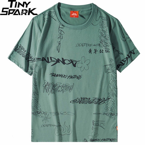 2021 Men Hip Hop T Shirt Streetwear Graffiti Kanji Harajuku Tshirt Summer Short Sleeve Tops Tees Cotton Casual T-Shirt Hipster 2022 - купить недорого