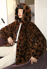 Jaqueta feminina de leopardo arlenesain, casaco de pele de vison real com capuz 2024 - compre barato