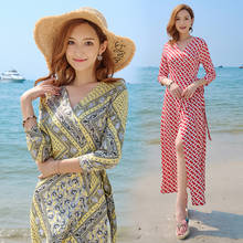 Tingyili v-neck sexy wrap vestido de verão férias vestido de praia longo feminino vermelho amarelo maxi vestido 2024 - compre barato
