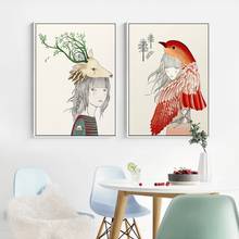 Canvas Painting Home Decor Wall Art Girl Flower Animal Wall Pictures Abstract Cartoon Deer Nordic Style Poster For Living Room 2024 - buy cheap