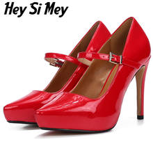 Hey Si Mey Leather Pumps Women High Heels Mary Jane Shoes Women's Red Black Heels Office Party Wedding Shoes Large Size 44 45 2024 - buy cheap