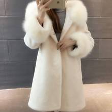 Пальто женское из искусственного меха, с капюшоном, зимнее, теплое, однобортное, с широкой талией 2024 - купить недорого