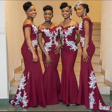 African Dark Red Mermaid Bridesmaid Dresses Long Off Shoulder Wedding Guest Dress Ivory Appliques Cheap Party Gowns 2024 - buy cheap