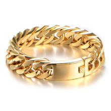 Pulseira artesanal de aço inoxidável, bracelete duplo cubana com 15/17mm de largura, tom de ouro, joias masculinas de 7 a 11 polegadas, presente de natal 2024 - compre barato