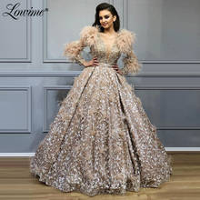 Feather Muslim Formal Kaftans Middle East Arabic Evening Gowns Long Sleeves Glitter Prom Dresses Crystals Celebrity Party Dress 2024 - buy cheap
