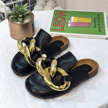 Brand Design Women Slipper Fashion Big Gold Chain Sandals Shoes Round Toe Slip On Mules Flat Heel Casual Slides Flip 2024 - купить недорого