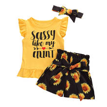 Conjunto de ropa informal de verano para niñas pequeñas, camisetas de manga con volantes y letras estampadas, Tops + Pantalones florales, diadema, 1-6 años 2024 - compra barato