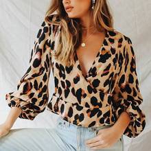Women Long Sleeve Leopard Blouse Sexy V-neck Shirt Ladies Tops Women Casual Loose Lantern Sleeve Streetwear Blouses 2024 - buy cheap