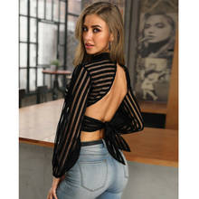 Pre-Autumn Women Sexy See-through Sheer Lace Transparent Black Striped High Turtle Neck Long Sleeve Backless Tops Shirts Blouse 2024 - buy cheap