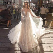 LORIE 2020 Boho Wedding Dresses Deep V-neck Appliqued Beaded Feather Shiny Sparkling Tulle Bridal Gowns Long Sleeves Backless 2024 - buy cheap