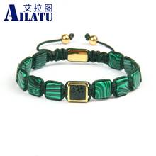 Ailatu New Luxury Green Python Leather Bracelet Men's Jewelry Rope Chain Copper Jewelry Man-made Malachite Stone Beads 2024 - buy cheap