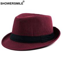 SHOWERSMILE Burgundy Fedora Hat Men Vintage Woolen Jazz Hat Women Casual British Style Classic Autumn Cap And Hat Gentlemen New 2024 - buy cheap