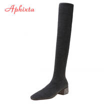 Женские Стрейчевые ботфорты Aphixta, серые тканевые сапоги с квадратным носком, на каблуке 4 см, с кристаллами 2024 - купить недорого