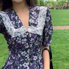 V-neck Floral Print Purple Vintage Midi Dress Women Party Button Lace Boho Dress Korean Holiday Streetwear Vestidos Summer 2024 - buy cheap