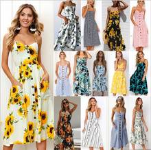 Sexy 2020 summer V Neck Backless Floral Summer Beach Dress Women  White Boho Striped Button Sunflower Daisy Pineapple Party Midi 2024 - buy cheap