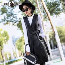Fashion Women Casual Sleeveless Genuine Leather Jacket V Neck Belted Long Vest Coat Slim Fit Ladies Tank Outwear Top Waistcoat 2024 - buy cheap