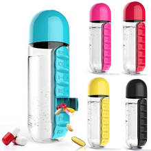 Botella de agua deportiva de plástico de 600ml con pastillero diario, organizador para beber, viajar, senderismo, al aire libre, a prueba de fugas, 2 en 1 2024 - compra barato