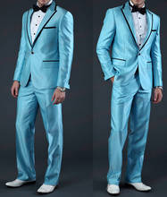 ANNIEBRITNEY-traje de satén azul brillante para hombre, traje ajustado Formal para fiesta de novio, vestido de graduación, esmoquin personalizado de talla grande, conjunto de chaqueta y pantalones, 2019 2024 - compra barato