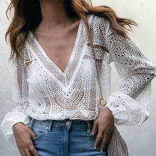 5XL Celmia Sexy White Hollow Out Blouse Women Lace Streetwear Shirt Casual V Neck Long Sleeve See Through Blusas Plus Size Tops 2024 - buy cheap