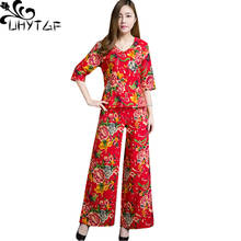 Uhytgf roupas femininas de duas peças estilo nacional do vintage impresso primavera verão define feminino algodão linho perna larga calças finas conjunto 737 2024 - compre barato