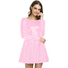 Vestido plisado de manga larga para mujer, minivestido de talla grande, sencillo, con cuello redondo, brillante, metálico, a la moda 2024 - compra barato