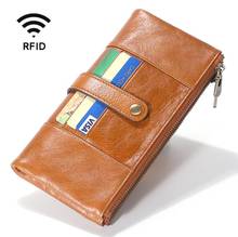 Cartera larga de cuero genuino RFID para hombre y mujer, billetera de mano plegable con cremallera para tarjetas, dinero en efectivo, monedero de piel de vaca Real, novedad 2024 - compra barato