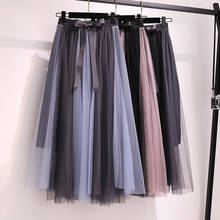 Primavera contraste Color malla Patchwork faldas extra largas cintura alta Bowknot A-line faldas de tul para mujer elegante falda blanca 2024 - compra barato
