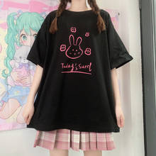 Ярко-розовая футболка Kawaii E-girl Y2K с принтом кролика и оборками на подоле, уличная одежда в стиле панк 90-х, топ с коротким рукавом, ярко-розовая футболка в стиле Харадзюку 2024 - купить недорого