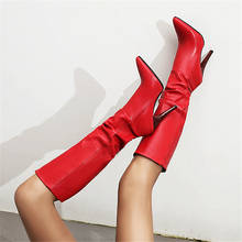 Winter Knee High Boots Women Pleated Spike Heels Long Boots Pointed Toe Super High Heel Shoes Ladies Fall Red Size 34-43 2024 - buy cheap